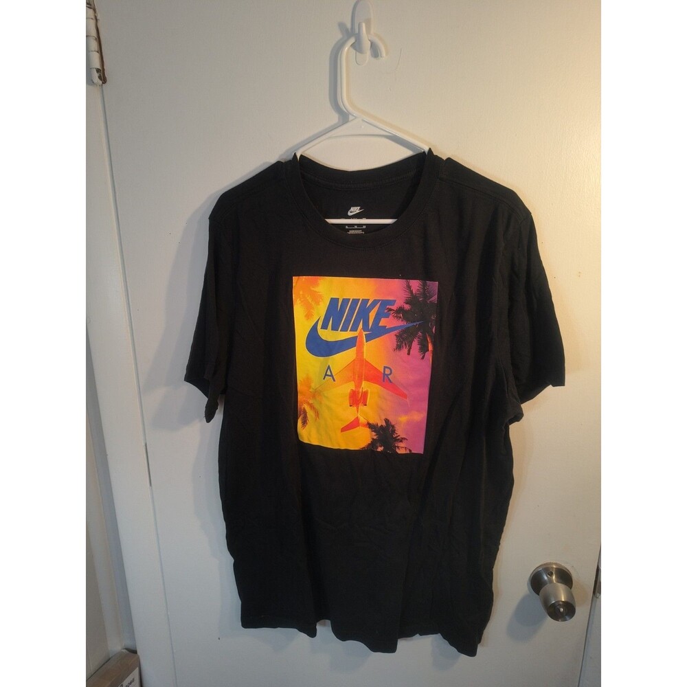 Nike Air Tee Mens XL Black Tropical Sunset Palm Tree Jet Plane Graphic T Shirt